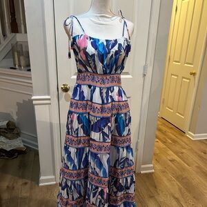 Farm Rio Blue Foliage Off White Tiered Flowy Midi Sun Dress Medium